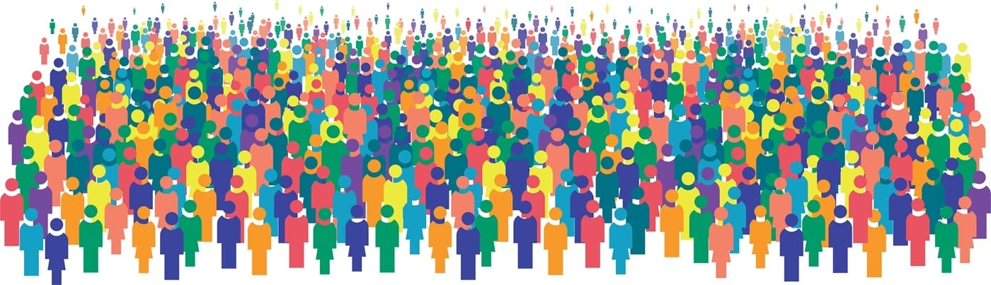 Whole community of people in all colours on white background, symbolizing inclusion, co-design, community-led solutions, and collaboration.
