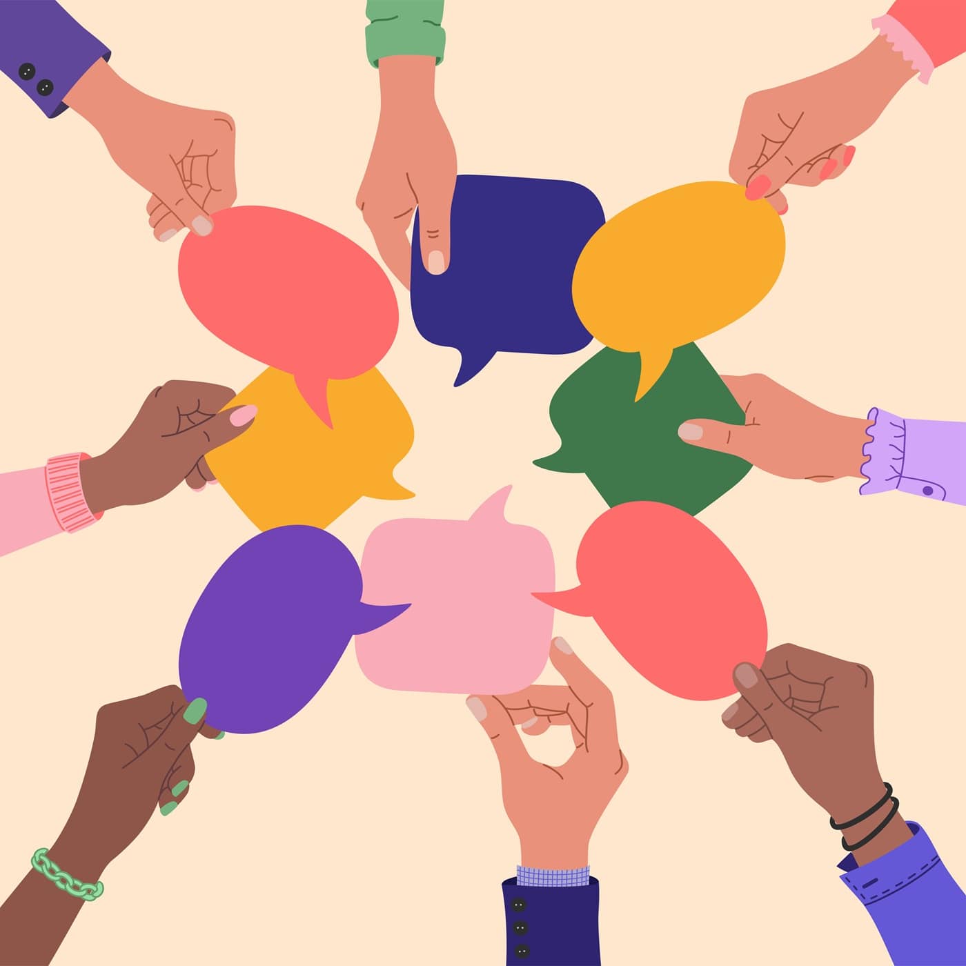 Hands holding variously shaped speech bubble cards, symbolizing public participation, inclusive dialogue, and stakeholder engagement.