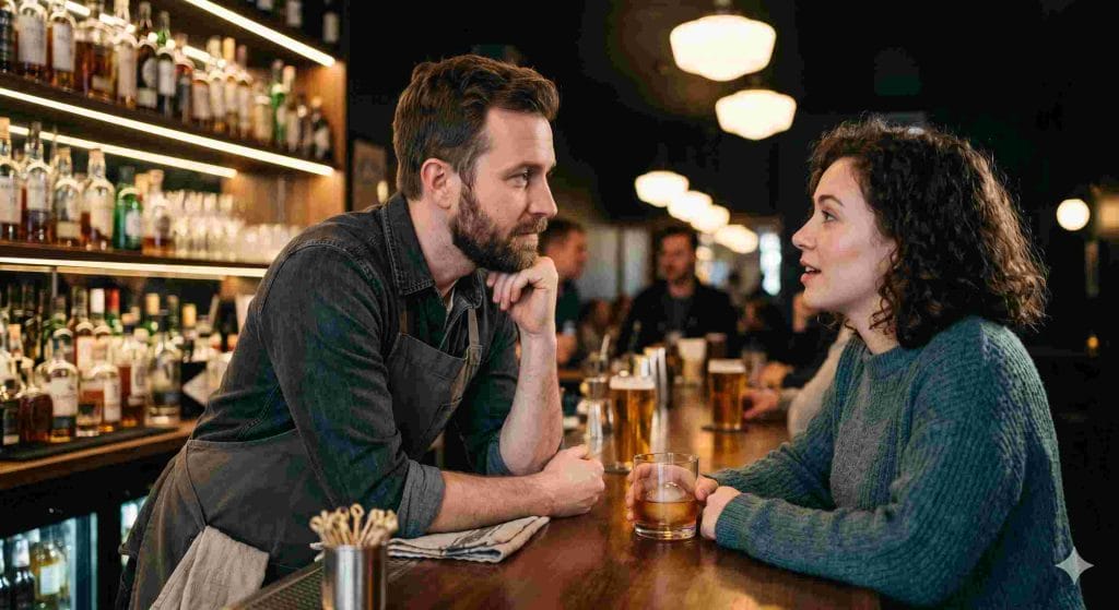 Bartender listening attentively to patron, illustrating active listening and human-centered service in everyday settings.