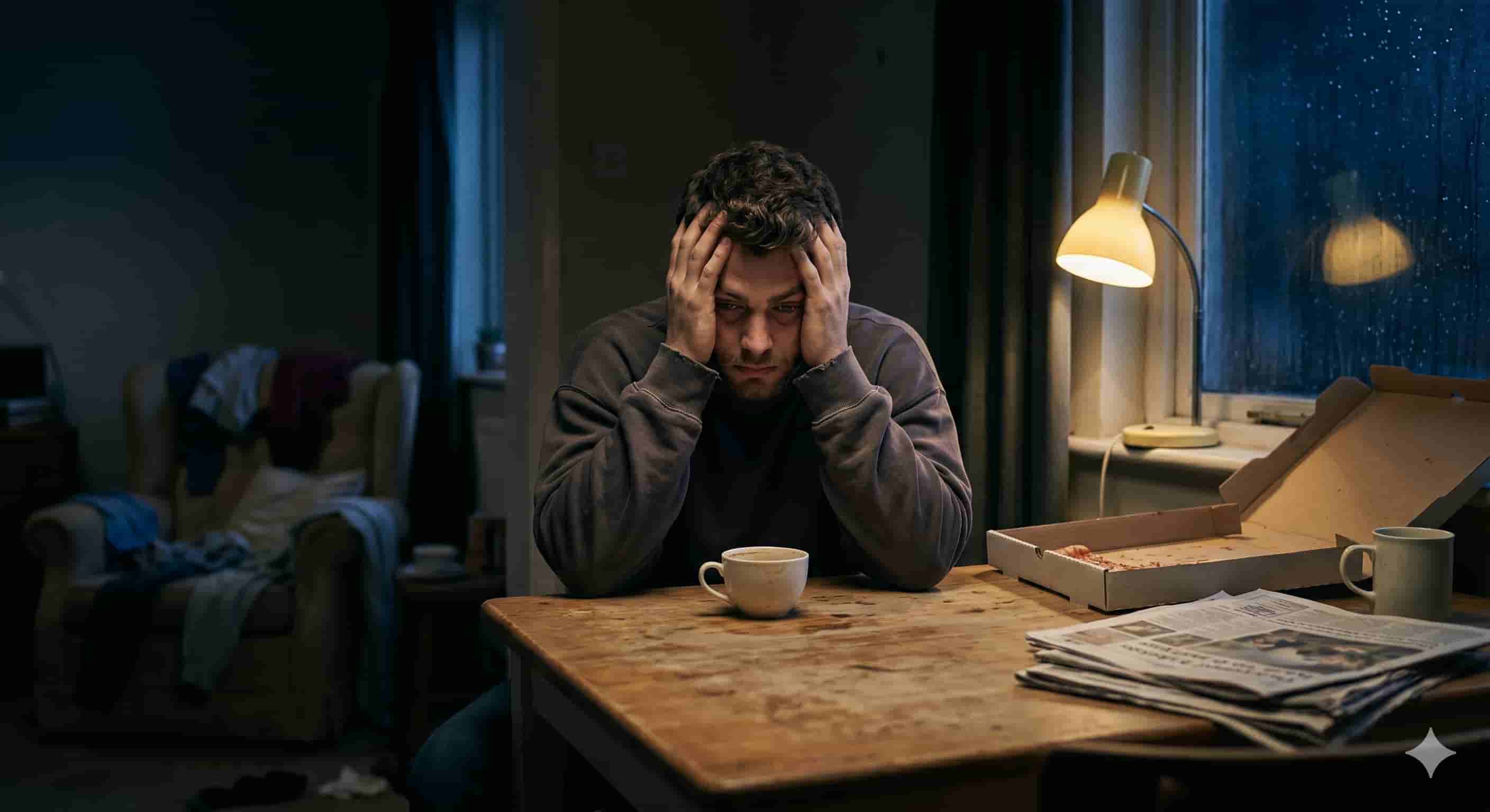 Man sitting alone with hands in hair showing sadness, representing mental health awareness and the importance of community support.