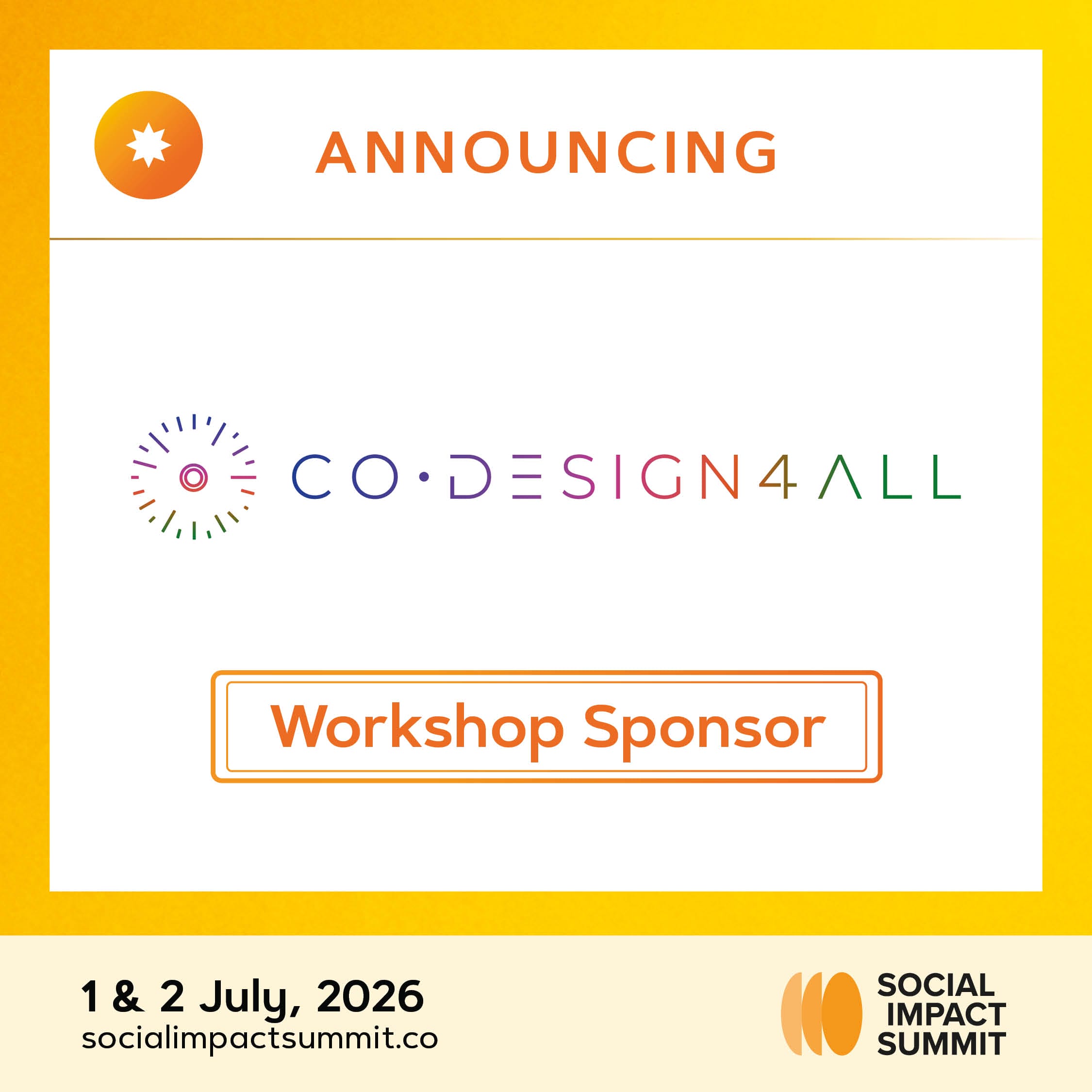 advertising tile for the Social Impact Summit 1-2 July 2026 in Sydney, where Co.Design4All are a workshop sponsor