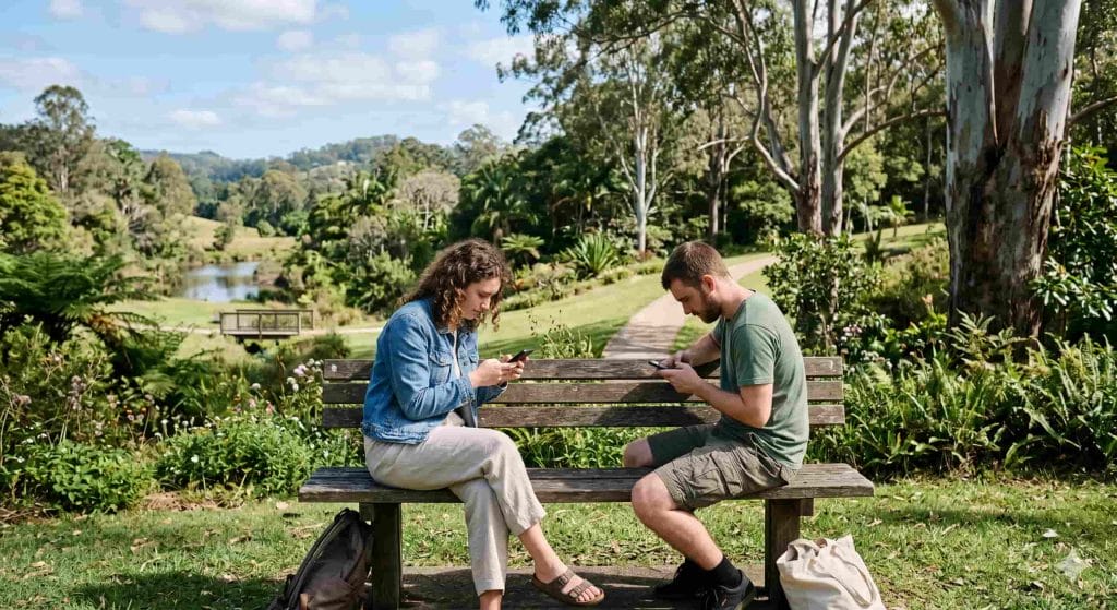Two people sitting on bench outside on phone screens, illustrating digital connection and modern communication in community spaces.